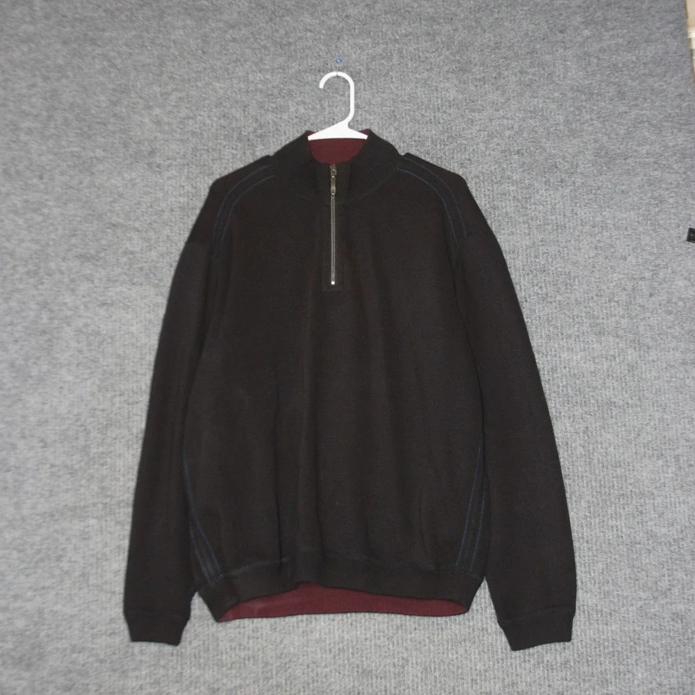Tommy Bahama Quarter Zip‎ Pullover Mens L Brown Cotton Sweater Contrast Stitch
